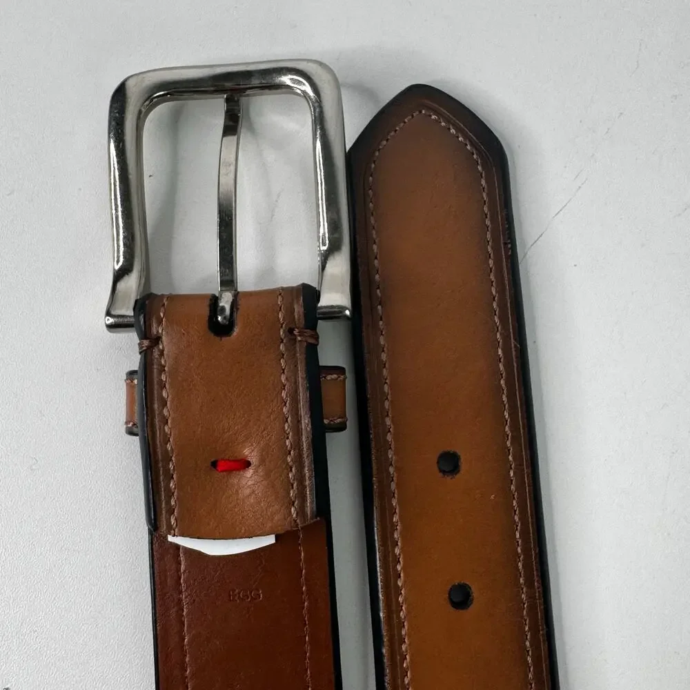 Tommy Hilfiger Brown Leather Belt Silver Buckle Logo Size 34